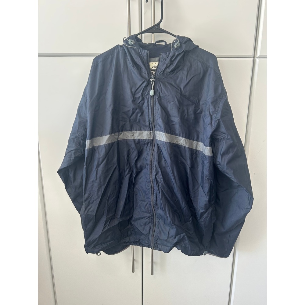 Eddie Bauer Mens XL Navy Blue Reflective Stripe‎ Hooded Windbreaker Jacket Nylon